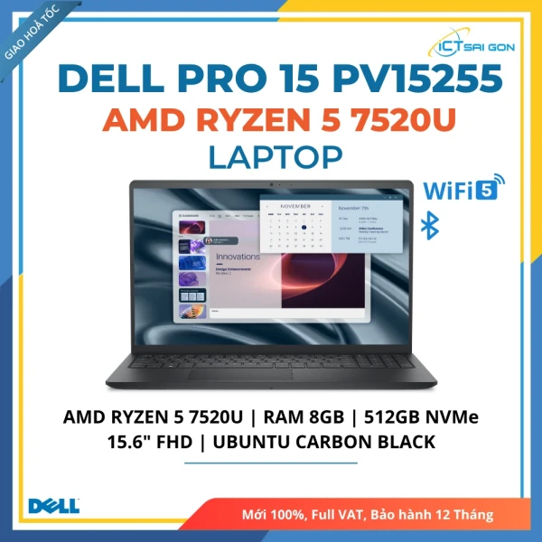 Laptop Dell Pro 15 Essential PV15255 AMD Ryzen 5 7520U / Ram 8GB / SSD 512GB / Màn hình 15.6" FHD Ubuntu Carbon Black