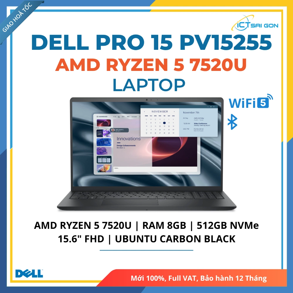 Laptop Dell Pro 15 Essential PV15255 AMD Ryzen 5 7520U / Ram 8GB / SSD 512GB / Màn hình 15.6" FHD Ubuntu Carbon Black
