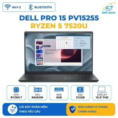 Laptop Dell Pro 15 Essential PV15255 AMD Ryzen 5 7520U / Ram 8GB / SSD 512GB / Màn hình 15.6" FHD Ubuntu Carbon Black