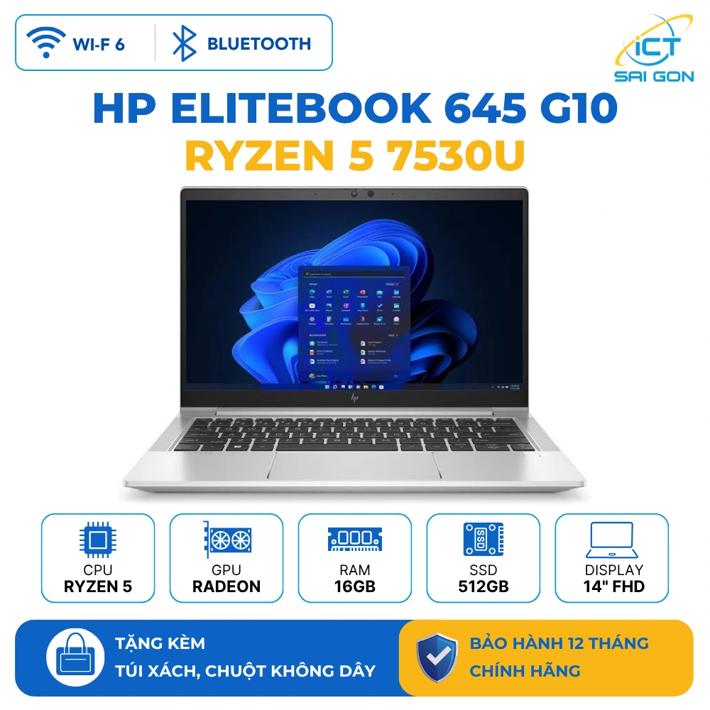 Laptop HP Elitebook 645 G10 Ryzen 5 7530U/AMD Radeon/RAM 16GB/SSD 512GB/14inch FHD