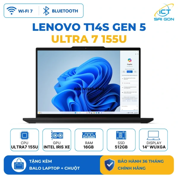 Laptop Lenovo ThinkPad T14S Gen 5, Ultra 7 155U, Ram 16GB, SSD 512GB, Màn hình 14", IPS, Wifi 7