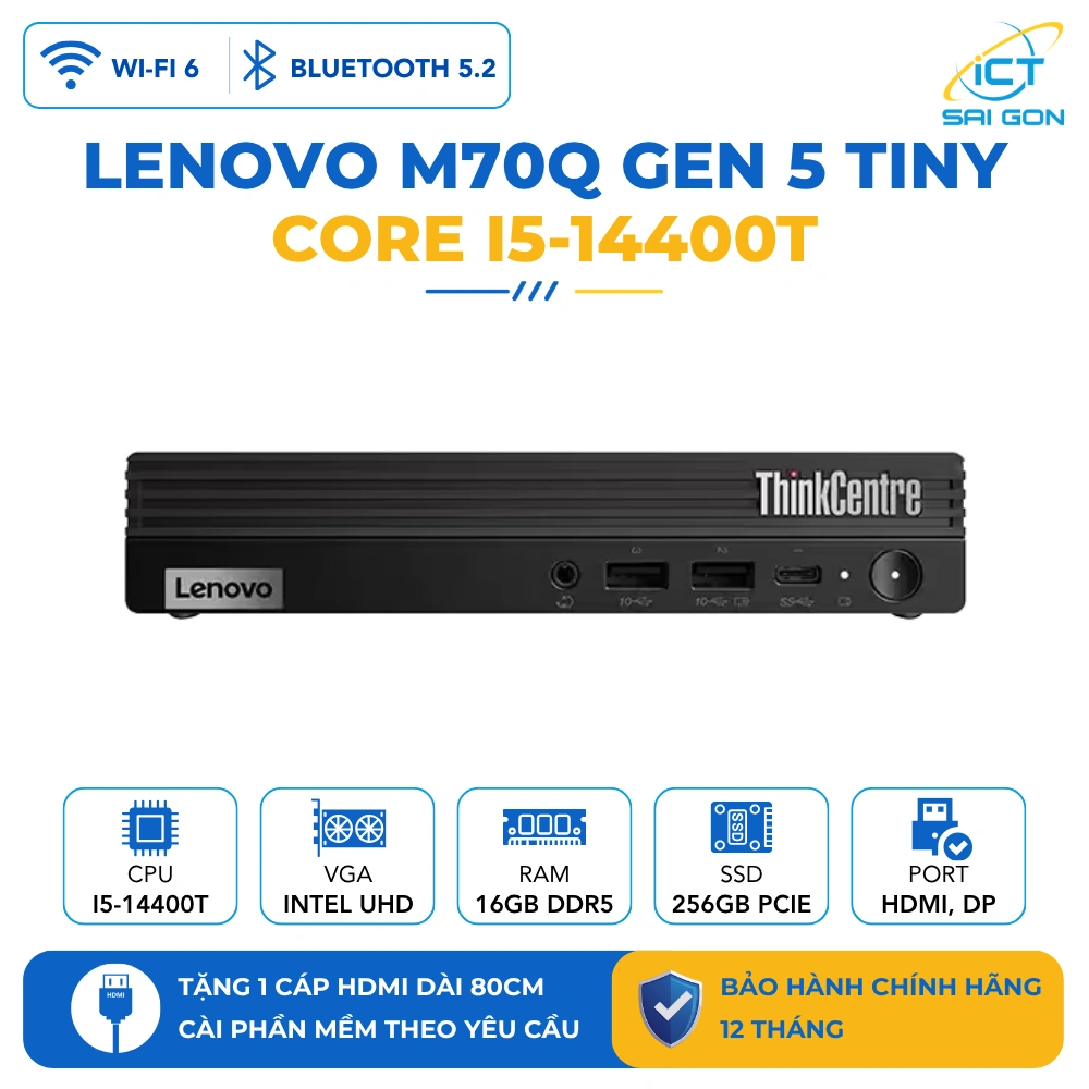 Mini PC Lenovo ThinkCentre M70q Gen 5 Tiny Core i5-14400T, Ram 16GB, SSD 256GB, Wifi 6