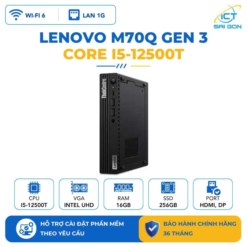 Mini PC Lenovo ThinkCentre M70q Gen 3 Tiny Core i5-12500T, Ram 16GB, SSD 256GB, Wifi