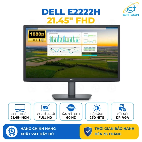 Màn hình Dell E2222H 21.45 inch FHD (1920x1080), Cổng kết nối: DisplayPort 1.2/ VGA, Độ sáng: 250 nit