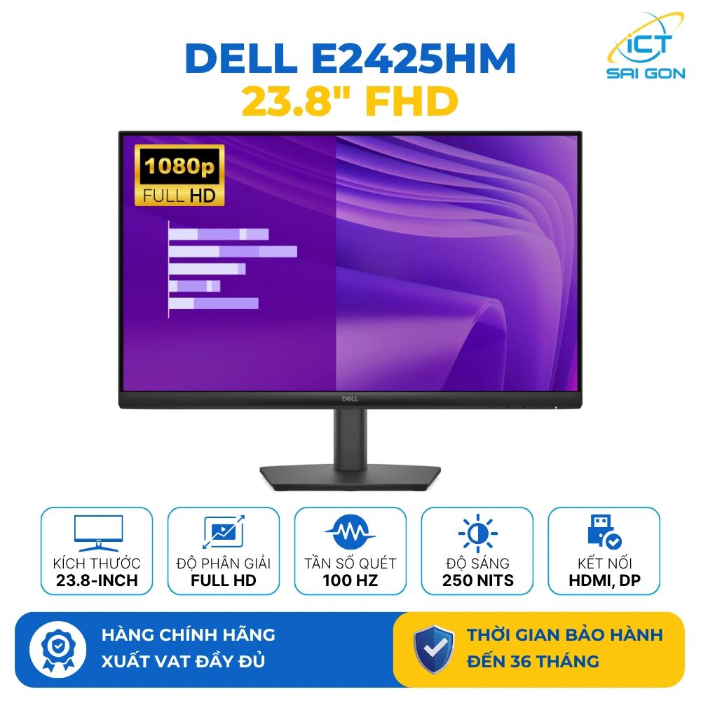 Màn hình Dell E2425HM 23.8 inches | IPS | FHD | 100Hz | 5m. Kết nối HDMI/VGA/DP