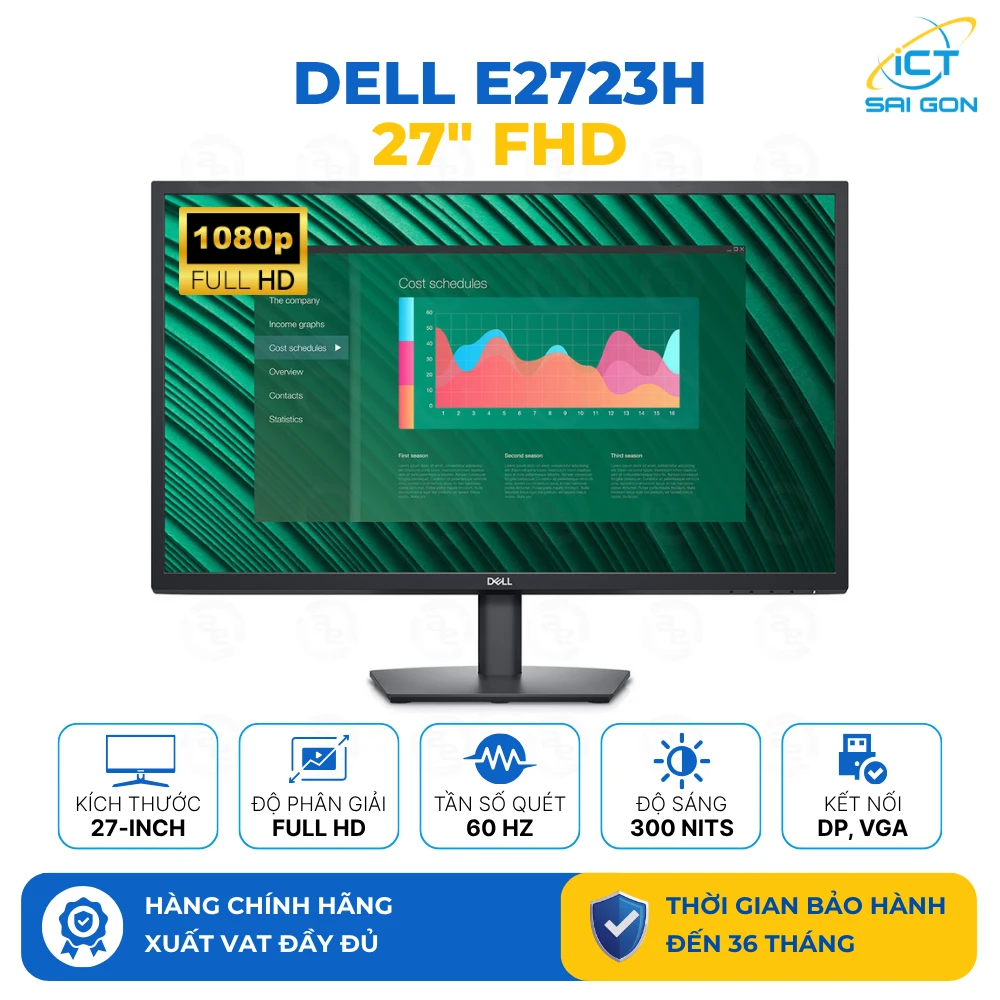 Màn hình Dell E2723H 27 inch FHD (1920x1080), Cổng kết nối: DisplayPort 1.2/ VGA, Độ sáng: 300 nit