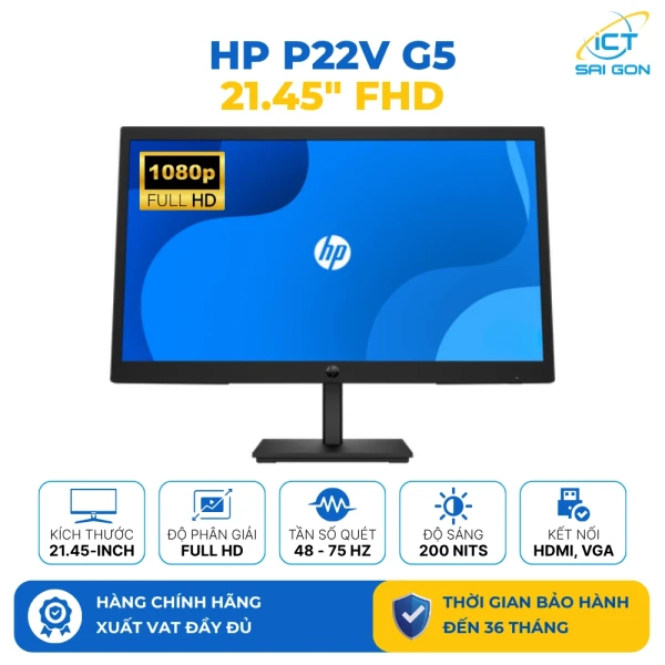 Màn hình HP P22v G5 21.45 inch FHD, Cổng kết nối: VGA, HDMI - 7N909AT