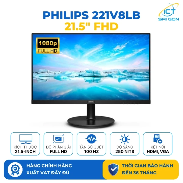 Màn hình Văn Phòng Philips 221V8LB 21.5" FHD (1920x1080), 100Hz, Cổng kết nối: HDMI-VGA, độ sáng 250 cd/m²