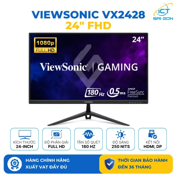 Màn hình Gaming ViewSonic VX2428 24" FHD IPS 180Hz 0,5ms (HDMI, Display Port), Độ sáng: 250 cd/m²