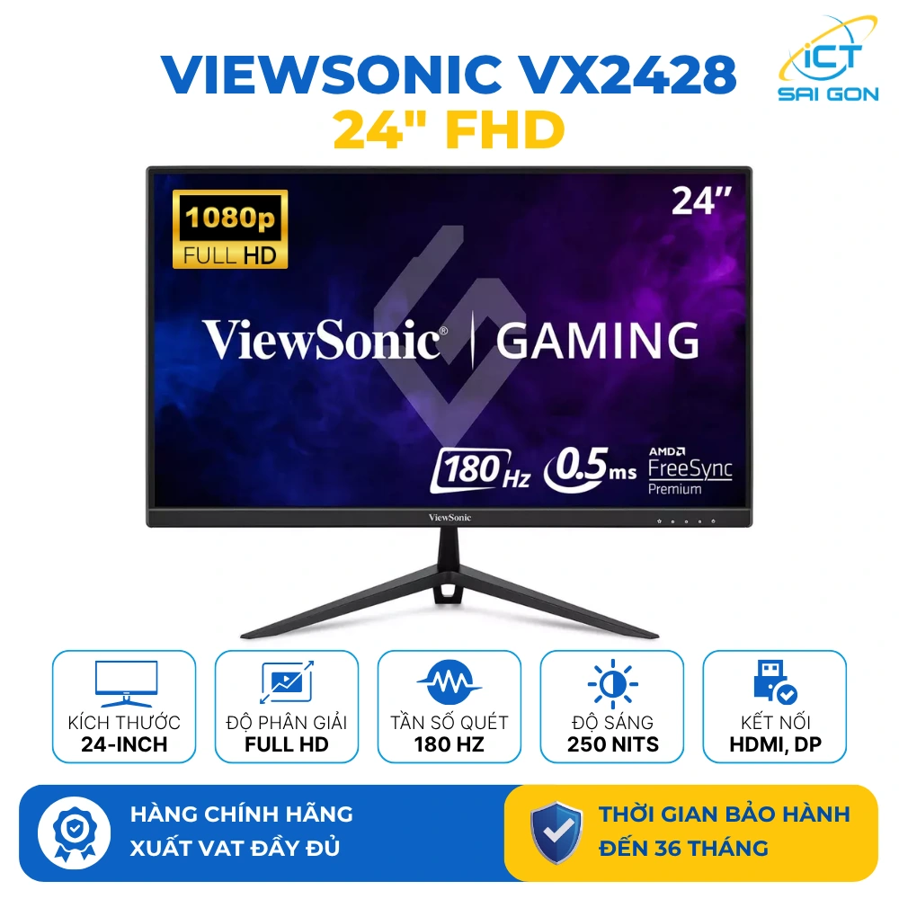 Màn hình Gaming ViewSonic VX2428 24" FHD IPS 180Hz 0,5ms (HDMI, Display Port), Độ sáng: 250 cd/m²