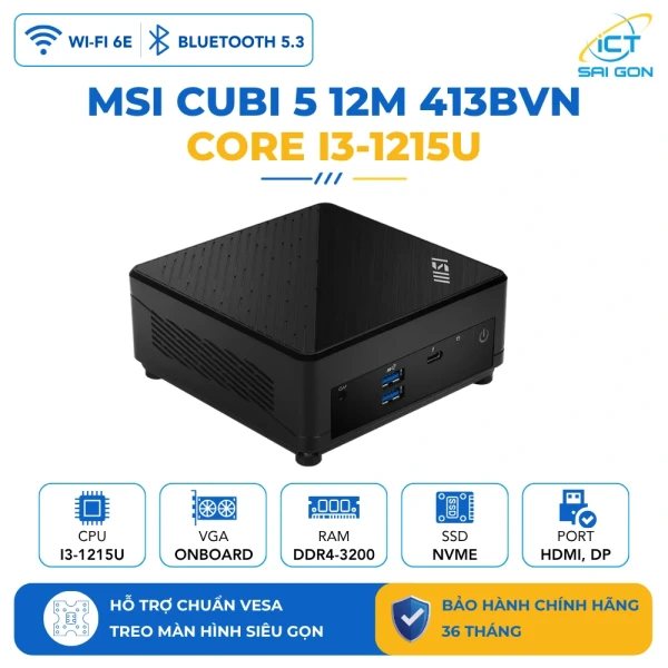 Máy bộ Mini PC MSI CUBI 5 12M 413BVN I3-1215U/WF/BT Barebone (936-B0A811-413)