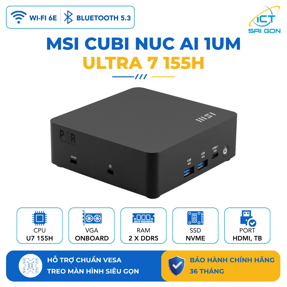 Máy bộ Mini PC MSI CUBI NUC AI 1UMG Core Ultra 7 155H/WiFi/BT/3Y (936-B20911-016)