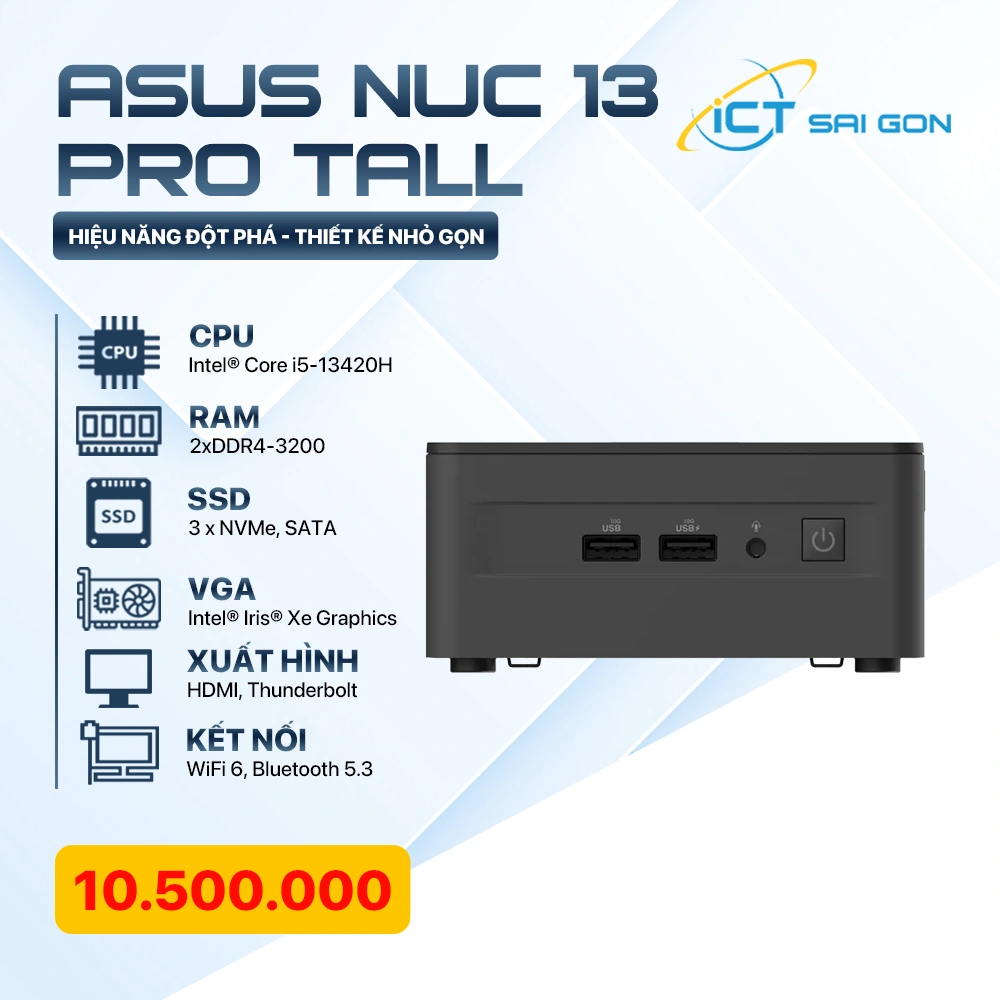 ASUS NUC13 PRO Tall RNUC13ANHH500000I / i5-13420H / 2xDDR4-3200 / 3xNVMe, SATA - Xuất hình: HDMI, Thunderbolt