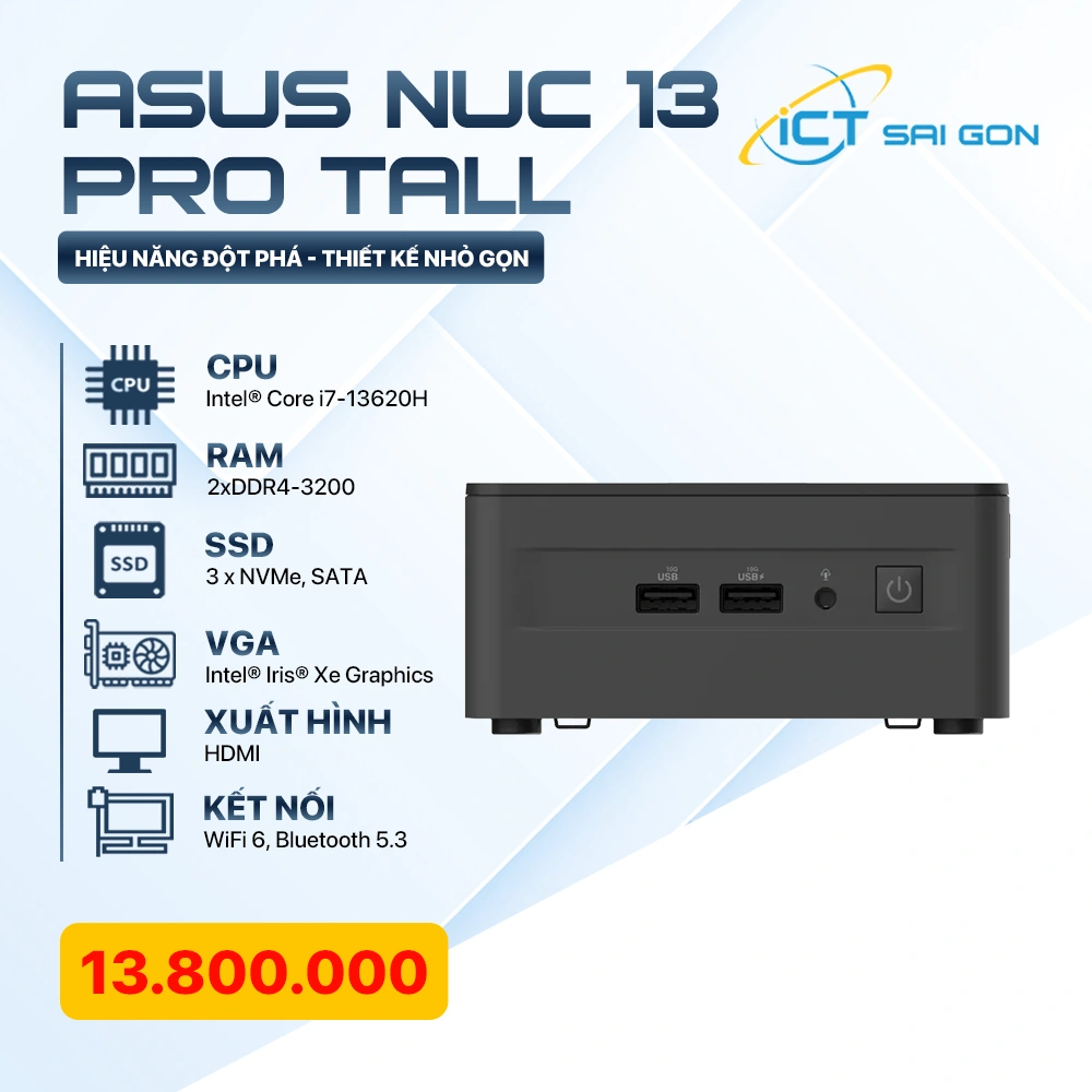 ASUS NUC13 PRO Tall RNUC13ANHH700000I / i7-13620H / 2xDDR4-3200 / 3xNVMe, SATA - Xuất hình: HDMI, Thunderbolt