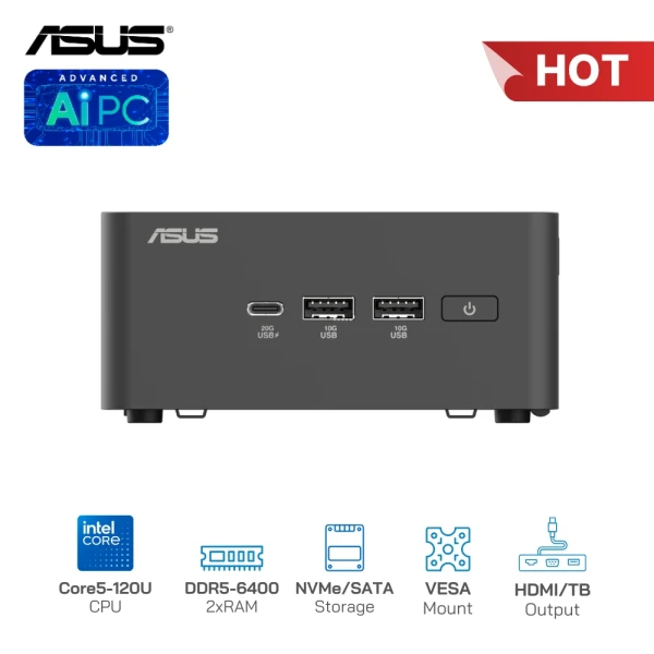 Asus NUC 15 Pro Tall BNUC15CRHI500000 Core5-120U/RAM DDR5-6400/SSD NVMe/Xuất hình: HDMI/Thunderbolt