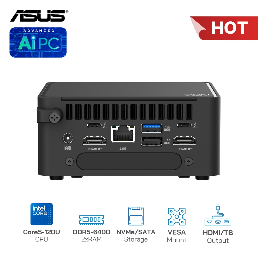 Asus NUC 15 Pro Tall BNUC15CRHI500000 Core5-120U/RAM DDR5-6400/SSD NVMe/Xuất hình: HDMI/Thunderbolt