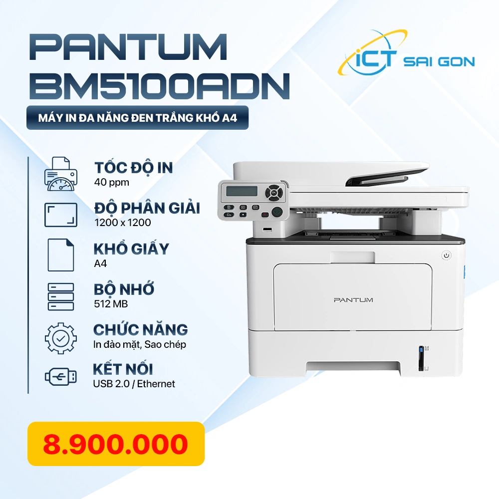 Máy in đa năng đen trắng PANTUM BM5100ADN - Tốc độ in 40ppm, Bộ nhớ 512MB, Kết nối USB/Ethernet
