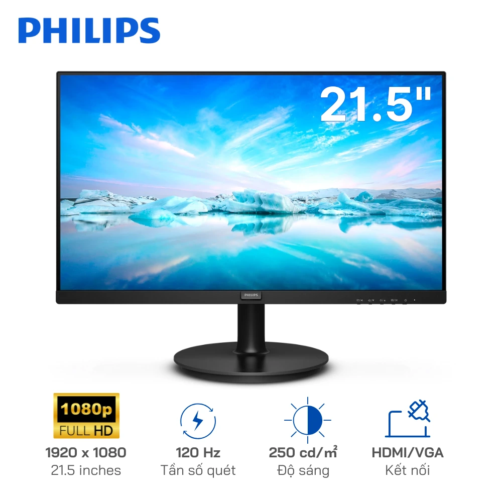 Màn hình Văn Phòng Philips 221V8LB3/74 21.5" FHD (1920x1080), 120Hz, Cổng kết nối: HDMI-VGA, độ sáng 250 cd/m