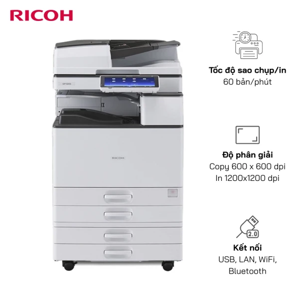 Máy Photocopy RICOH MP 6055 Kết nối USB/LAN/WiFi/Bluetooth - Tốc độ 60 trang/ phút.