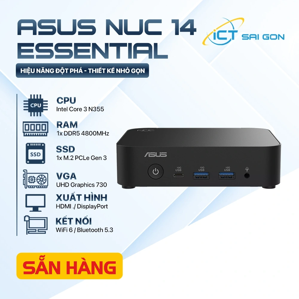 Asus NUC 14 Essential RNUC14MNK3500000 Core3 N355 (8 nhân/ 8 luồng), Ram DDR5/ PCIe® 4.0, Wi-Fi 6 HDMI, Displayport
