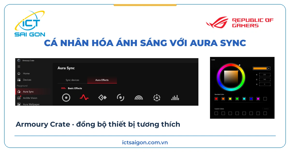 Giao diện Armoury Crate Aura Sync để chọn màu và đồng bộ ánh sáng