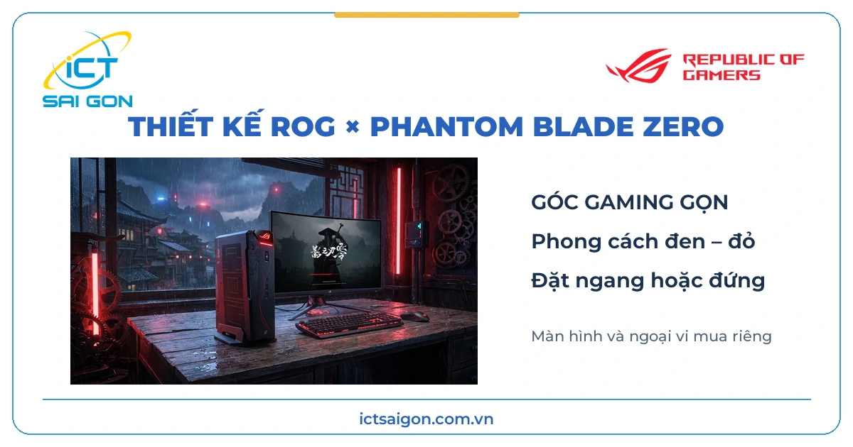 Thiết kế đen đỏ ROG NUC 16 x Phantom Blade Zero trong góc gaming
