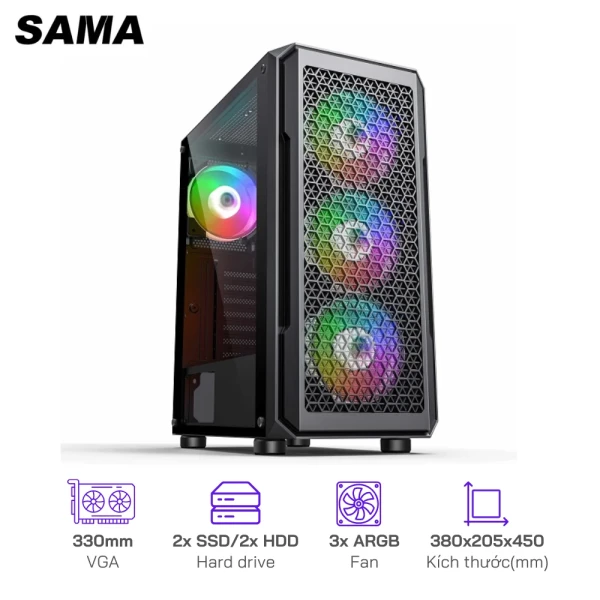 Case Sama 338 BLACK Micro-ATX / ATX / 2x SSD 2x HDD / 3x Fan ARGB