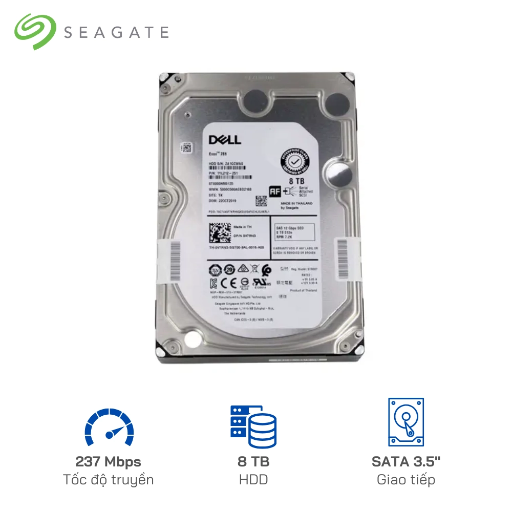 Ô cứng Seagate Dell 8TB 7200 RPM 12Gbps SED 3.5-Inch Serial Attached SAS Hard Drive (hot-swap tray included)