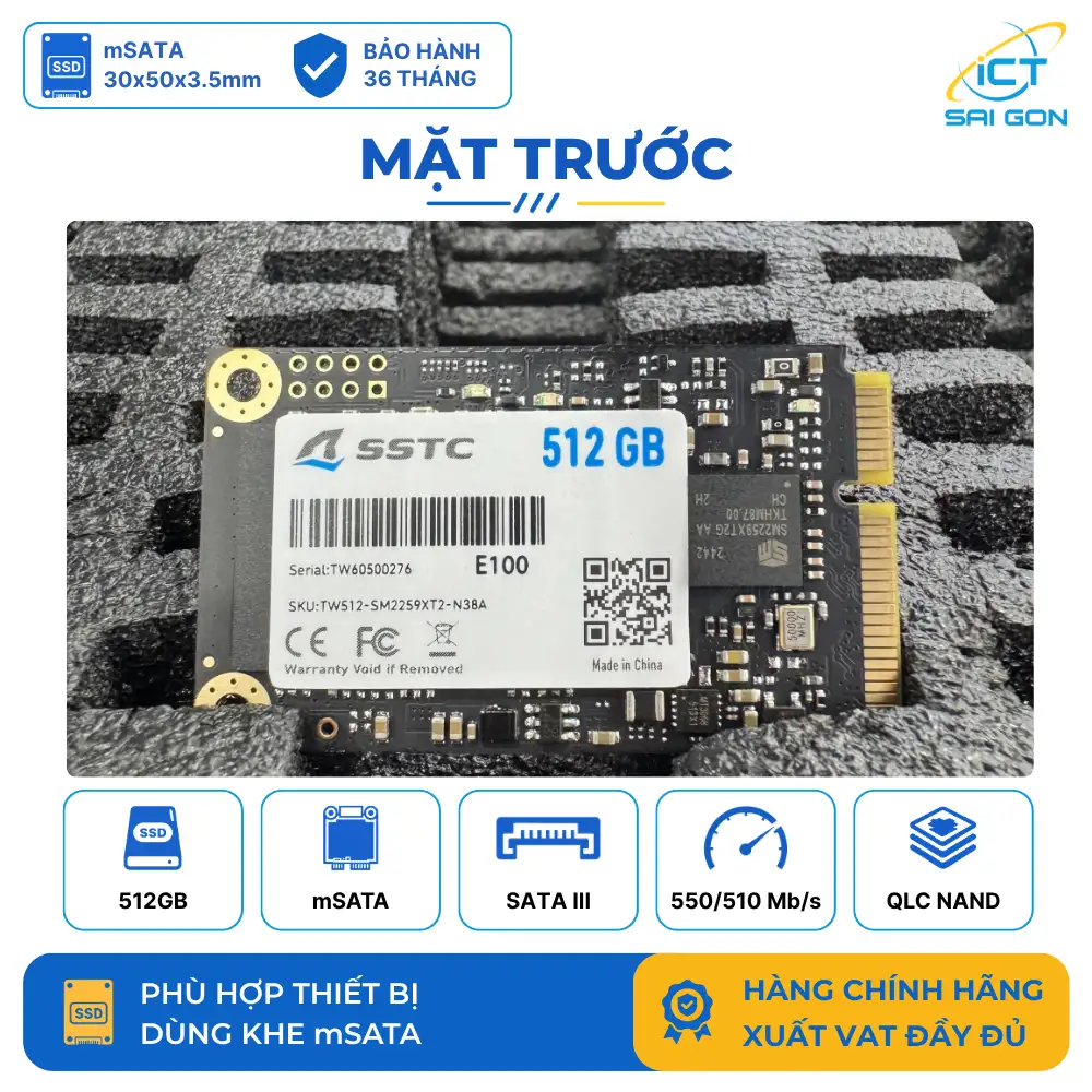 Ổ cứng SSD mSATA SSTC E100 512GB SATA III 550/510MB/s QLC NAND