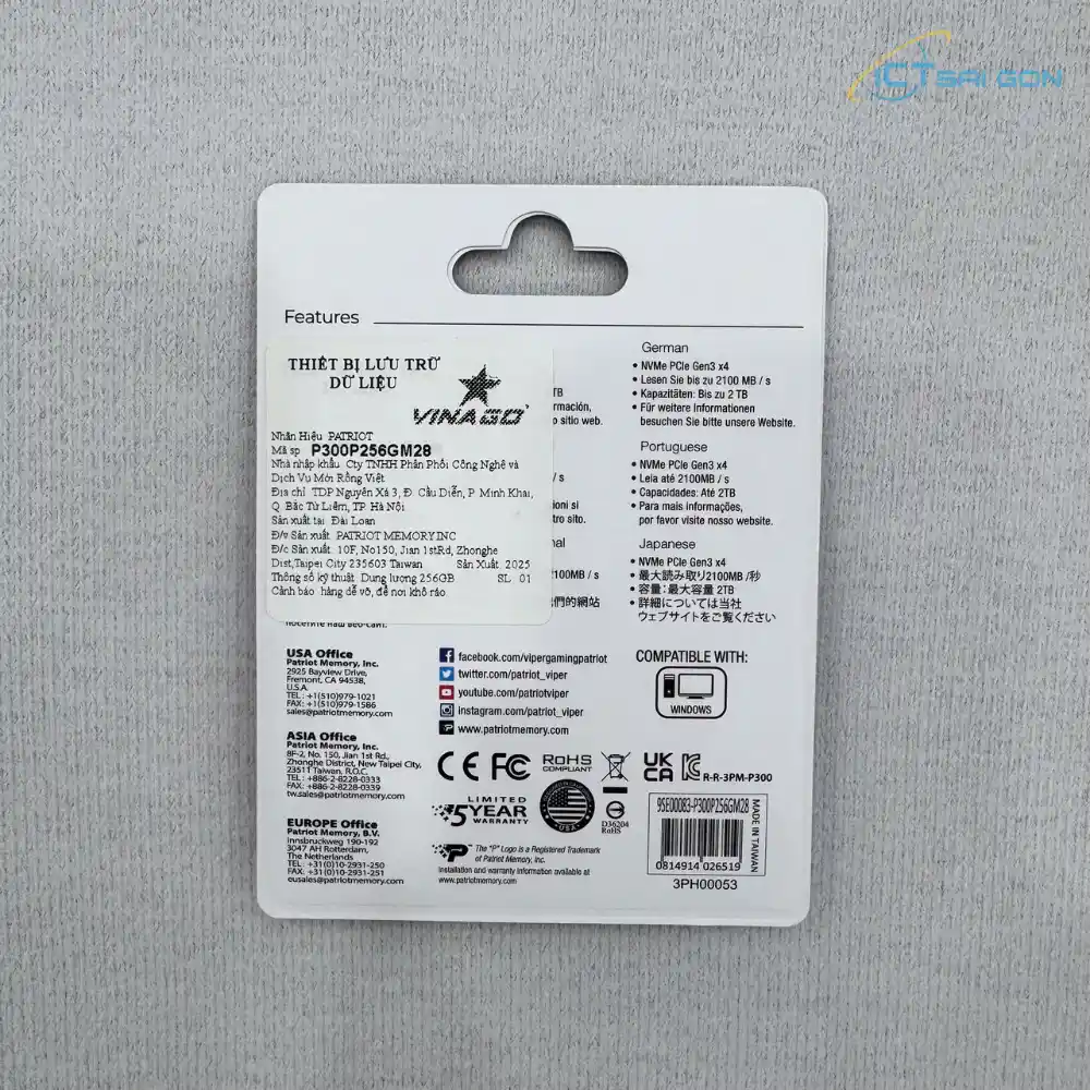 Ổ cứng SSD NVMe Patriot P300 256GB M.2 2280 PCIe Gen3 x4 | R/W:1700/1200 Mbps (P300P256GM28)