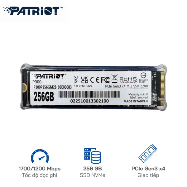 Ổ cứng SSD NVMe Patriot P300 256GB M.2 2280 PCIe Gen3 x4 | R/W:1700/1200 Mbps (P300P256GM28)
