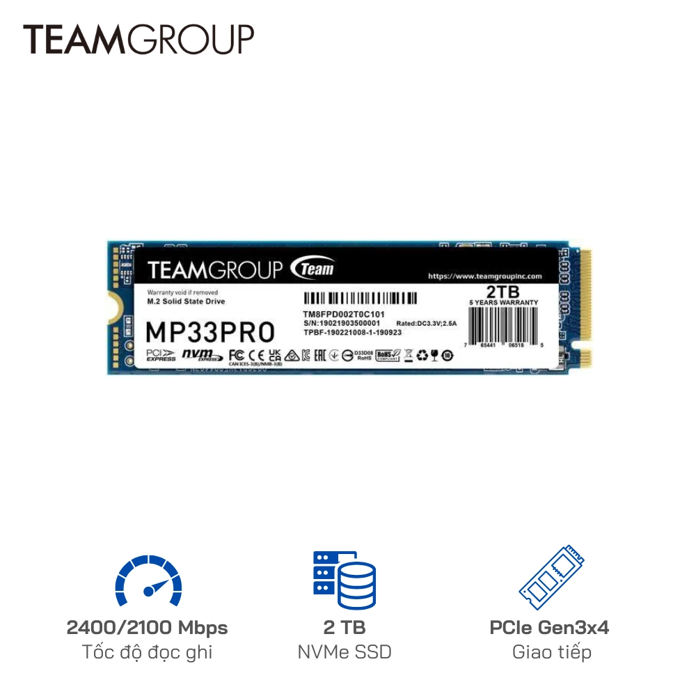 Ổ cứng SSD TeamGroup 2TB MP33 Pro PCIe Gen3 x 4  (2400 MB/s - 2100 MB/s)