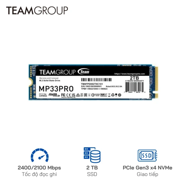 Ổ cứng SSD TeamGroup 2TB MP33 Pro PCIe Gen3 x 4  (2400 MB/s - 2100 MB/s)