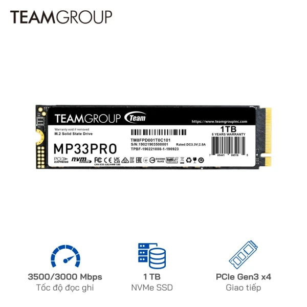 Ổ cứng SSD TeamGroup 1TB MP33 Pro PCIe Gen3 x 4 (3,500 MB/s - 3000 MB/s)