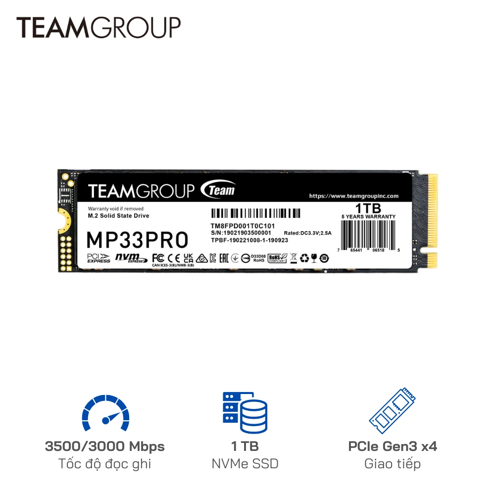 Ổ cứng SSD TeamGroup 1TB MP33 Pro PCIe Gen3 x 4 (3,500 MB/s - 3000 MB/s)