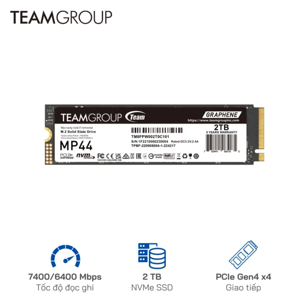 Ổ cứng SSD TeamGroup 2TB MP44  PCIe Gen4 x 4 NVME - Tốc độ 7000/6400 MB
