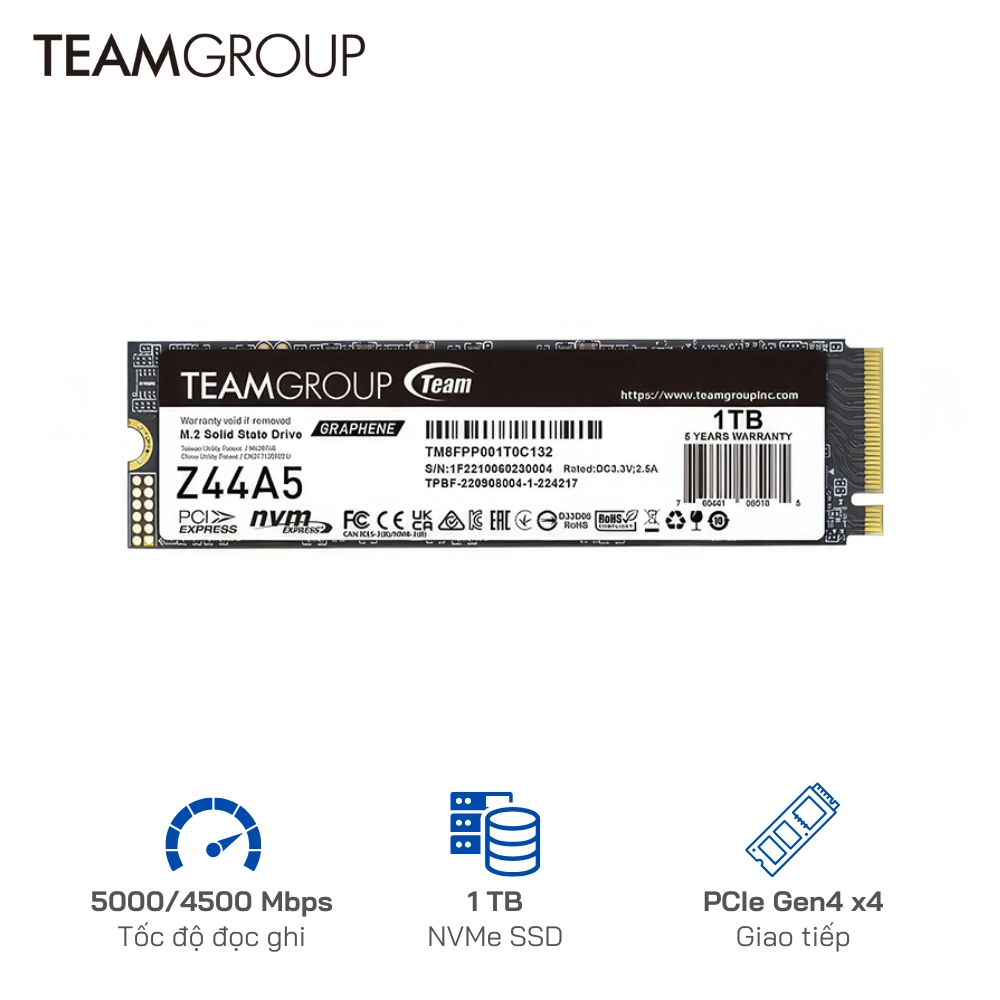 Ổ cứng SSD TeamGroup 1TB Z44A5  PCIe Gen4 x 4 NVME - Tốc độ 5000/4500 MB/s