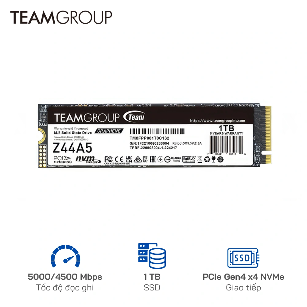 Ổ cứng SSD TeamGroup 1TB Z44A5  PCIe Gen4 x 4 NVME - Tốc độ 5000/4500 MB/s