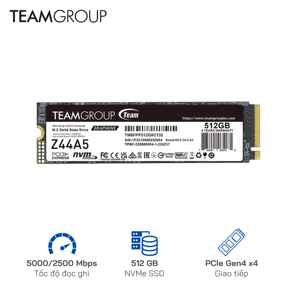 Ổ cứng SSD TeamGroup 512GB Z44A5  PCIe Gen4 x 4 - Tốc độ 5000/2500 MB/s