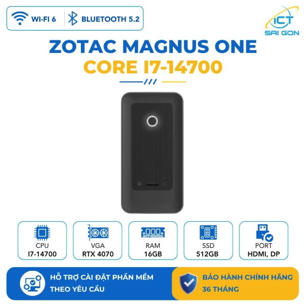 Mini PC Zotac MAGNUS ONE CPU I7-14700, Ram 16GB DDR5, SSD 512GB, WIFI+BT, HDMI, DisplayPort, USB-C, ZBOX-ERP74070SC-BE1