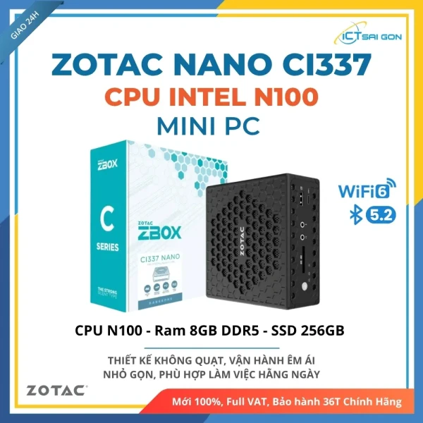Mini PC Zotac Nano CI337 Cpu N100, Ram 8GB DDR5, SSD 256GB, WIFI+BT, HDMI, DisplayPort, USB-C, ZBOX-CI337NANO-BE1