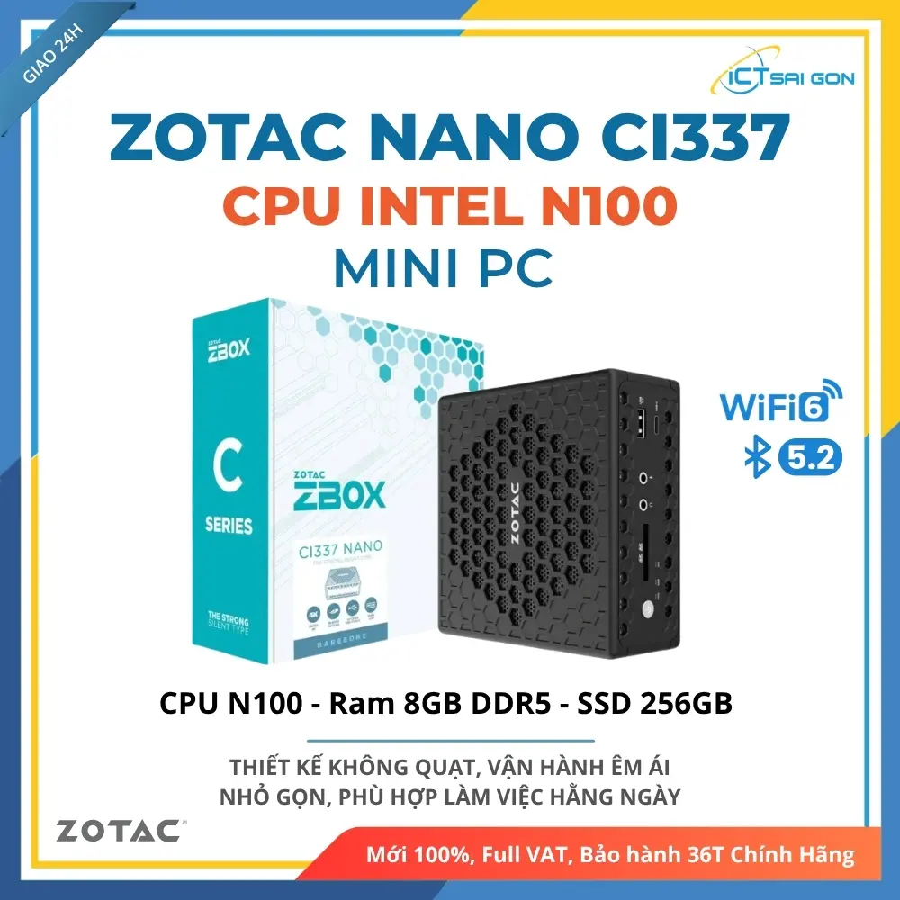 Mini PC Zotac Nano CI337 Cpu N100, Ram 8GB DDR5, SSD 256GB, WIFI+BT, HDMI, DisplayPort, USB-C, ZBOX-CI337NANO-BE1