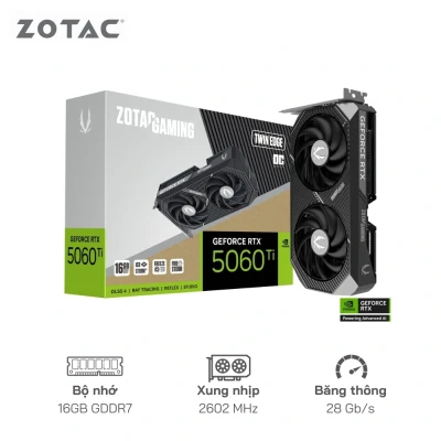 Card màn hình ZOTAC GeForce RTX 5060 Ti 16GB GDDR7 Twin Edge OC 128bit - Cổng xuất hình: DisplayPort/HDMI , 2 quạt