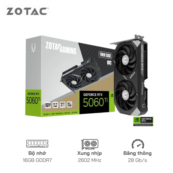 Card màn hình ZOTAC GeForce RTX 5060 16GB GDDR7 - Cổng xuất hình: DisplayPort x3, HDMI x1, 2 quạt, 8-pin