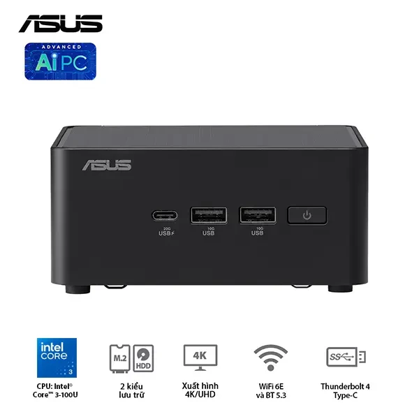 Mini PC Asus NUC 14 PRO Tall RNUC14RVHI300001I/ i3- 100U/ 2xNVMe, SATA/ 2x HDMI 2.1/2x DP 1.4a/ VESA MOUNT