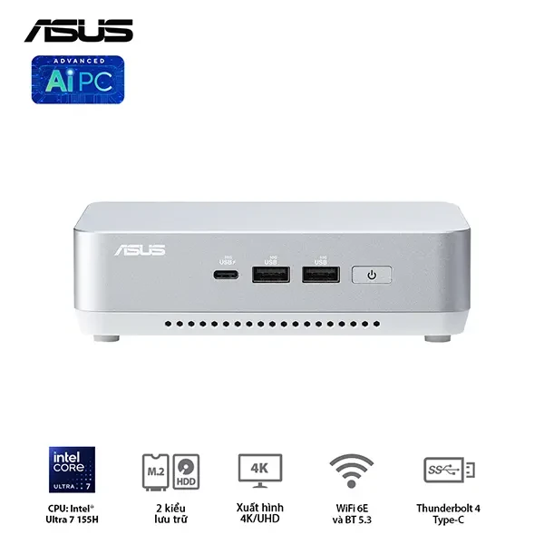 Mini PC Asus NUC 14 PRO Tall RNUC14RVSU700001I/ U7- 155H/ 2xNVMe/ 2x HDMI 2.1/2x DP 1.4a/ VESA MOUNT/ WHITE