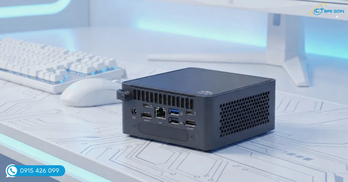 Mặt sau ASUS NUC với các cổng kết nối và khe thông gió