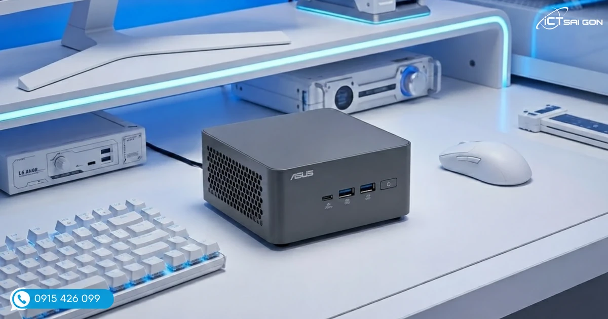 ASUS NUC đặt trên bàn làm việc, cạnh bàn phím và chuột